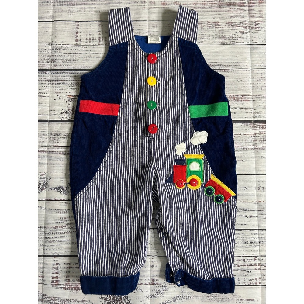 Vintage Railroad Stripe Corduroy Train Applique Overalls 12 Months - Picture 1 of 6